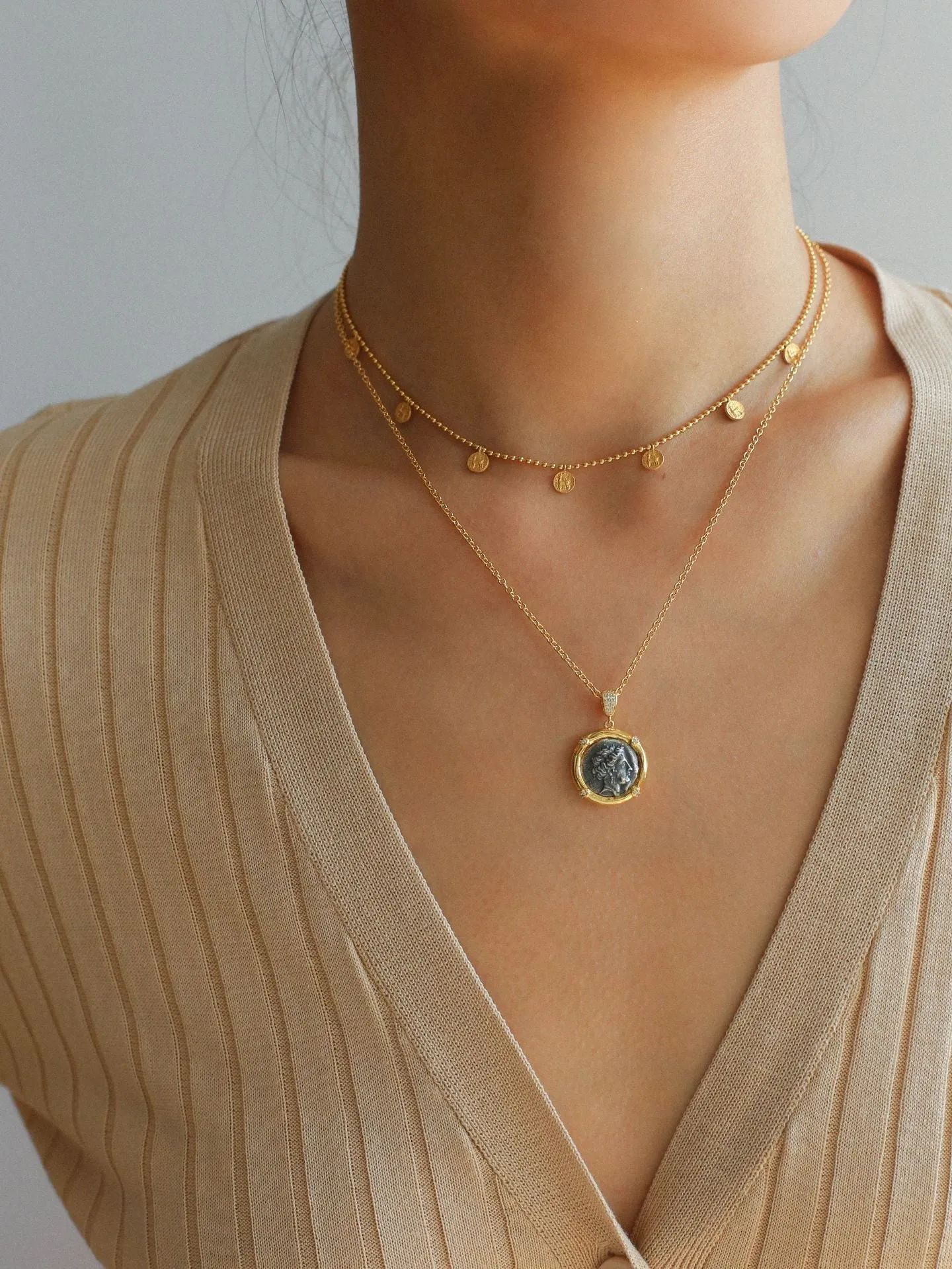 925 Silver Stacked Relief Mini Gold Coin Necklace