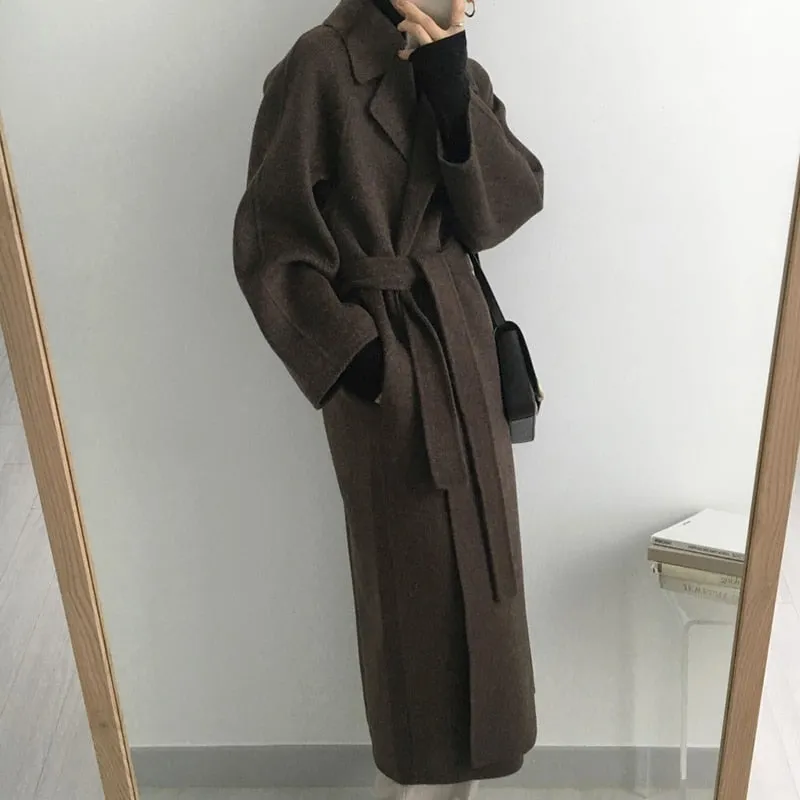 Aachoae Women Elegant Long Wool Coat With Belt Long Sleeve Overcoat