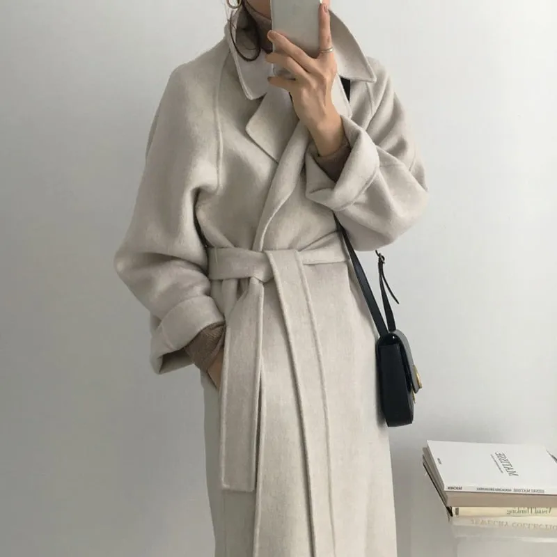 Aachoae Women Elegant Long Wool Coat With Belt Long Sleeve Overcoat