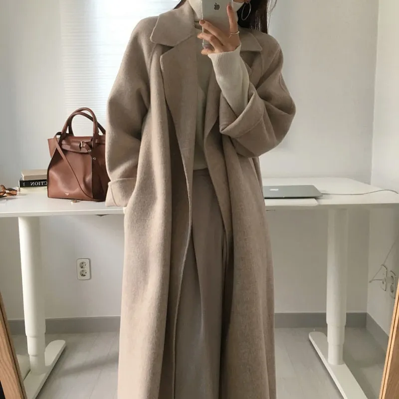 Aachoae Women Elegant Long Wool Coat With Belt Long Sleeve Overcoat