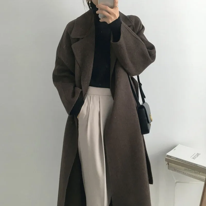 Aachoae Women Elegant Long Wool Coat With Belt Long Sleeve Overcoat