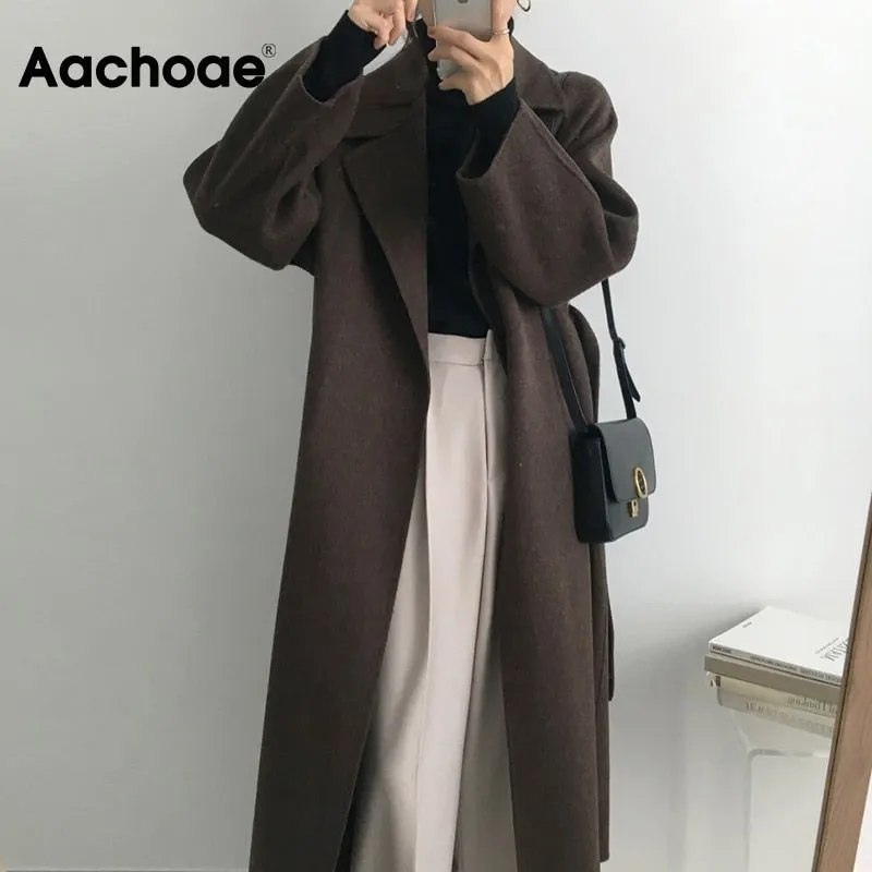 Aachoae Women Elegant Long Wool Coat With Belt Long Sleeve Overcoat