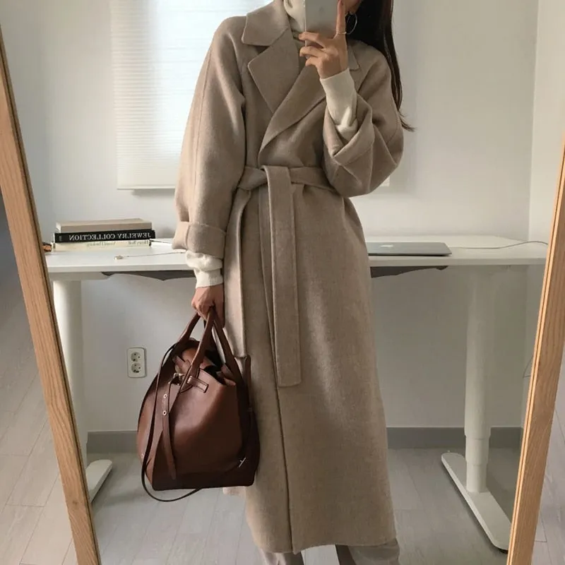 Aachoae Women Elegant Long Wool Coat With Belt Long Sleeve Overcoat