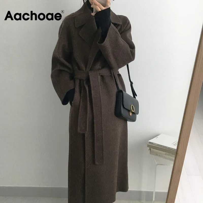 Aachoae Women Elegant Long Wool Coat With Belt Long Sleeve Overcoat