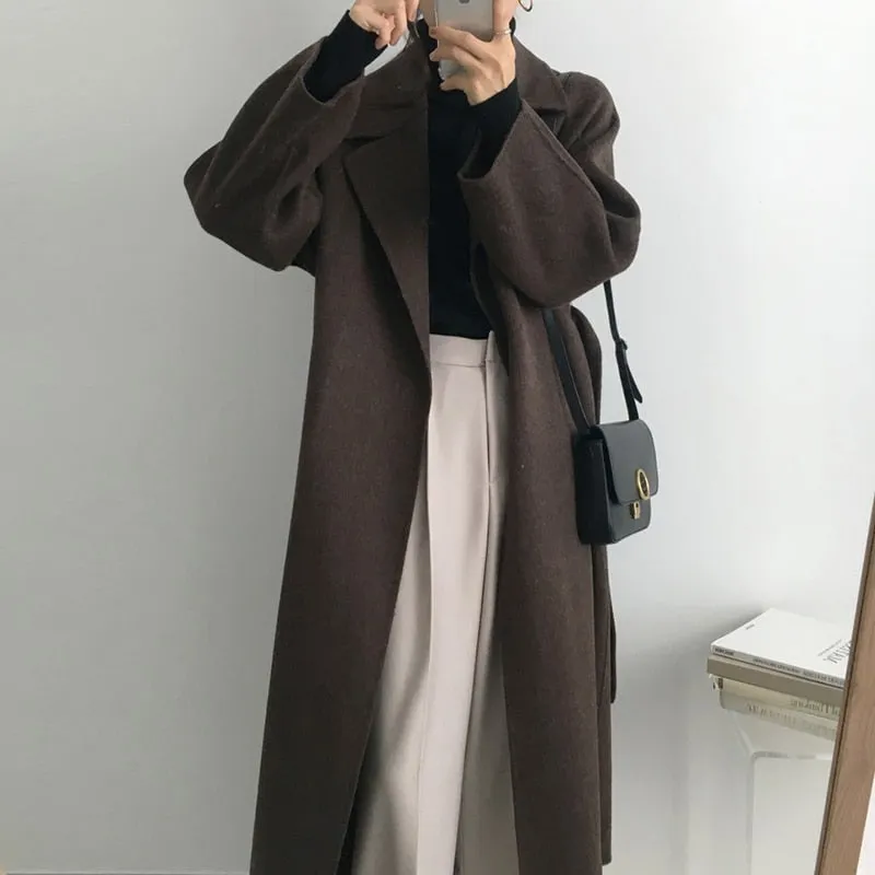 Aachoae Women Elegant Long Wool Coat With Belt Long Sleeve Overcoat