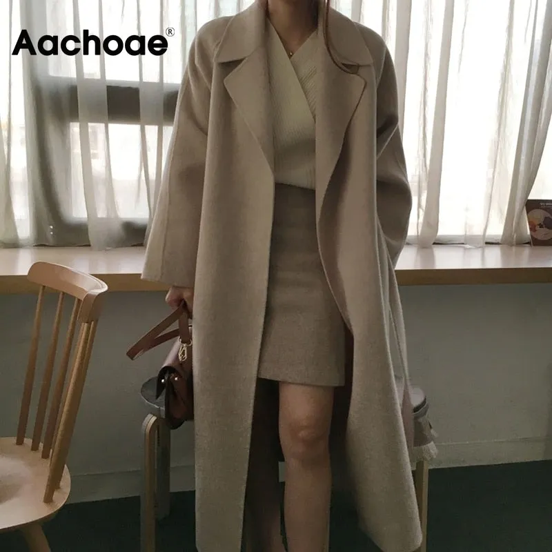 Aachoae Women Elegant Long Wool Coat With Belt Long Sleeve Overcoat