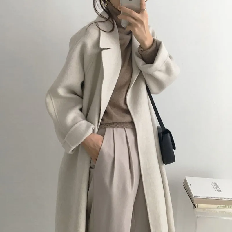 Aachoae Women Elegant Long Wool Coat With Belt Long Sleeve Overcoat