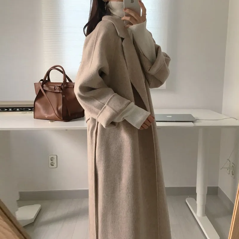 Aachoae Women Elegant Long Wool Coat With Belt Long Sleeve Overcoat