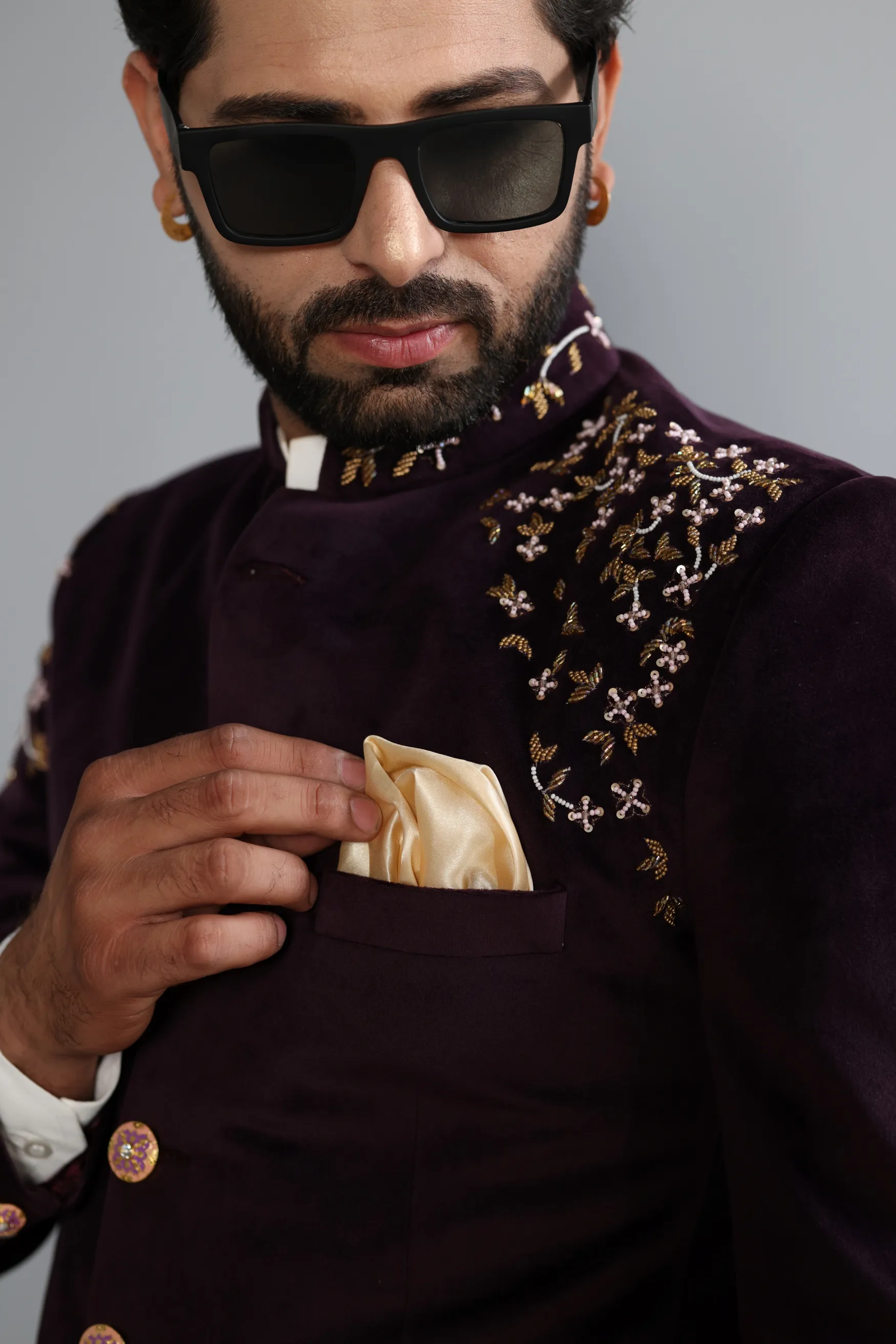 Aesthetic Mulberry Hand Embroidered Velvet Maharaja Jodhpuri Band gala Jacket with Black Trouser |Handmade Stonework Buttons| Perfect Contemporary style for Wedding