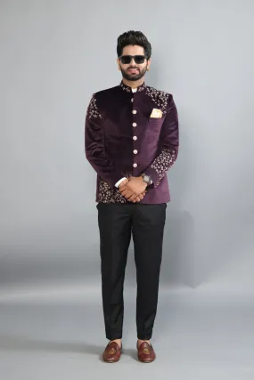 Aesthetic Mulberry Hand Embroidered Velvet Maharaja Jodhpuri Band gala Jacket with Black Trouser |Handmade Stonework Buttons| Perfect Contemporary style for Wedding