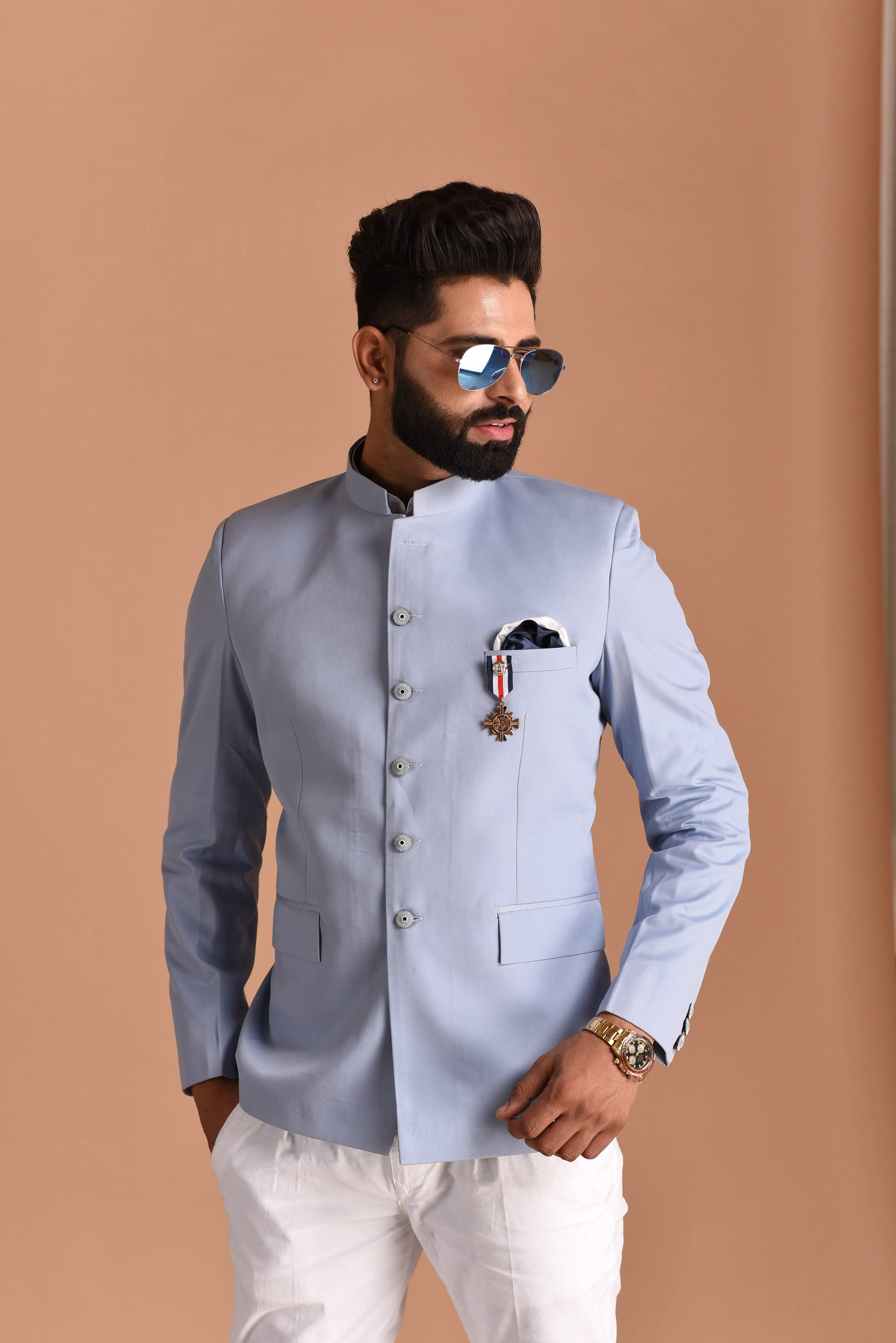 Alluring Cloud Blue Jodhpuri Bandhgala with White Trouser| Terry Rayon| Perfect for Formal Party Wear for Open and Daylight Functions | Youth Inspired