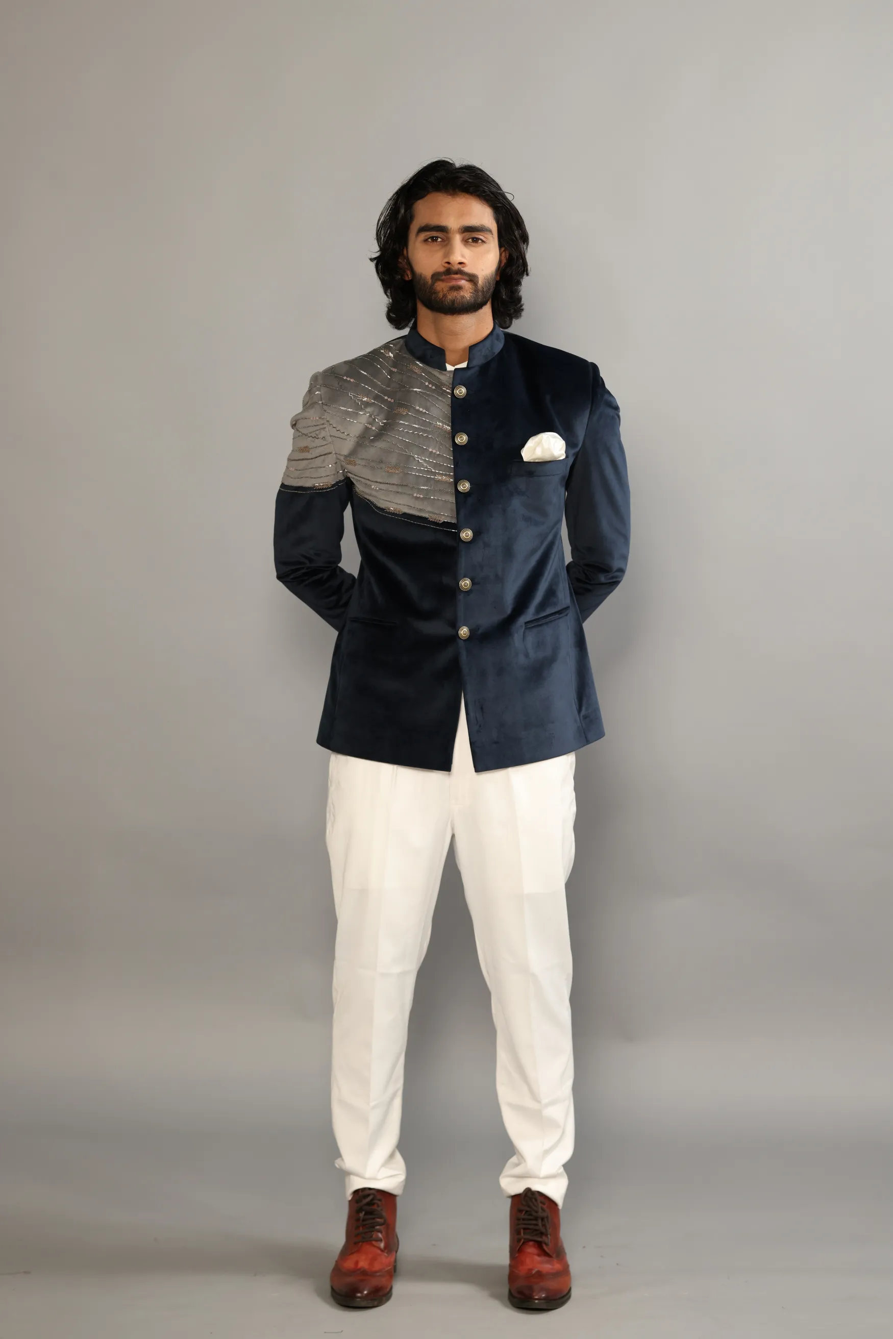 Alluring Navy Blue- Grey Silky Smooth Velvet with Beautiful Aariwork Jodhpuri Bandhgala for Men | White Trouser| Hand Embroidered| For Wedding, Reception, Sangeet, Engagement