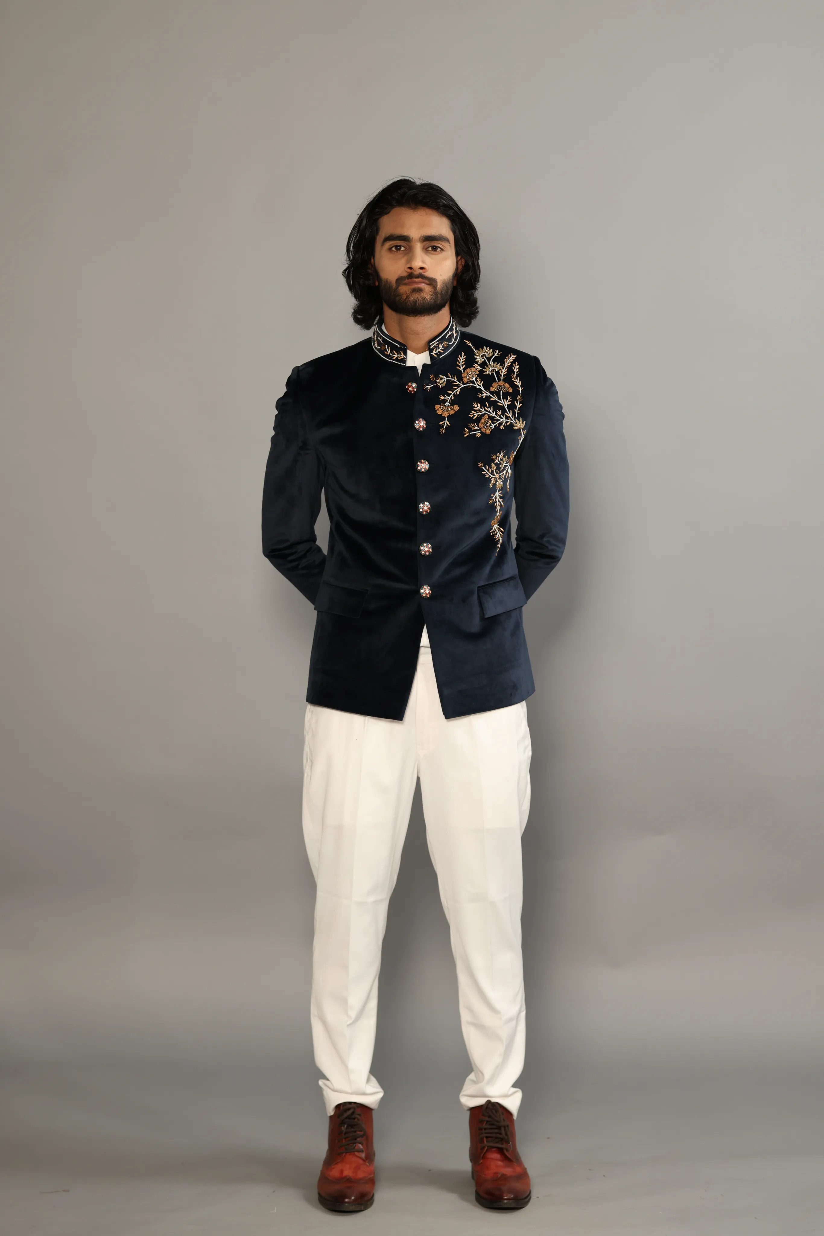 Alluring Navy Hand Embroidered Floral Motif Jodhpuri Bandhgala with White Trouser |Hand-Enameled Buttons | Indo Western Antique Classic Work|