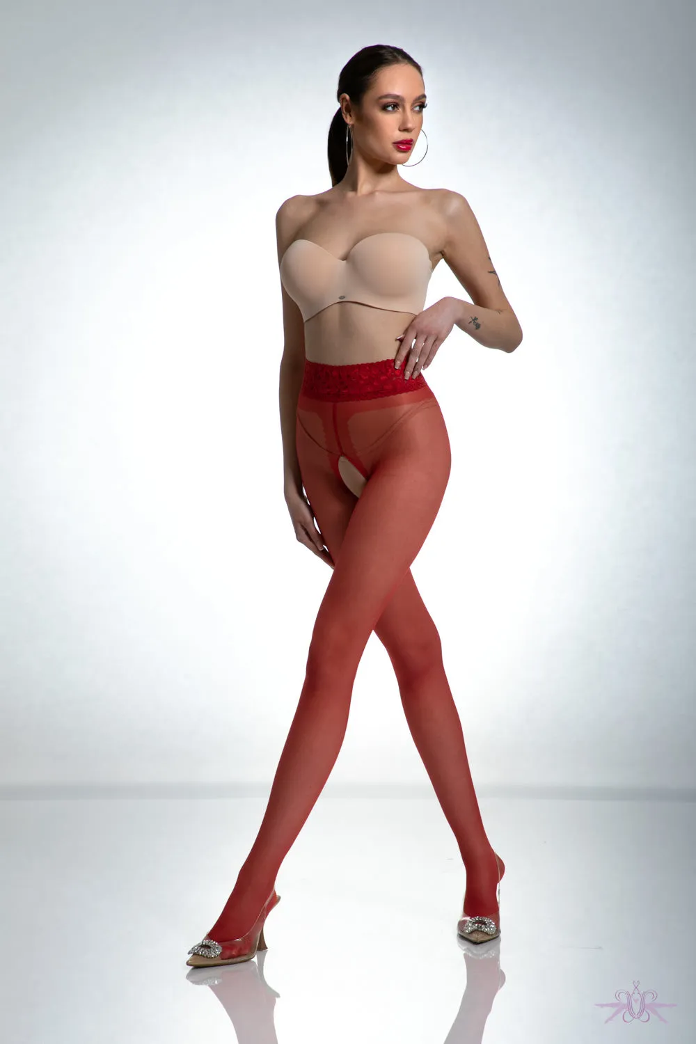 Amour Red Lace Crotchless Tights