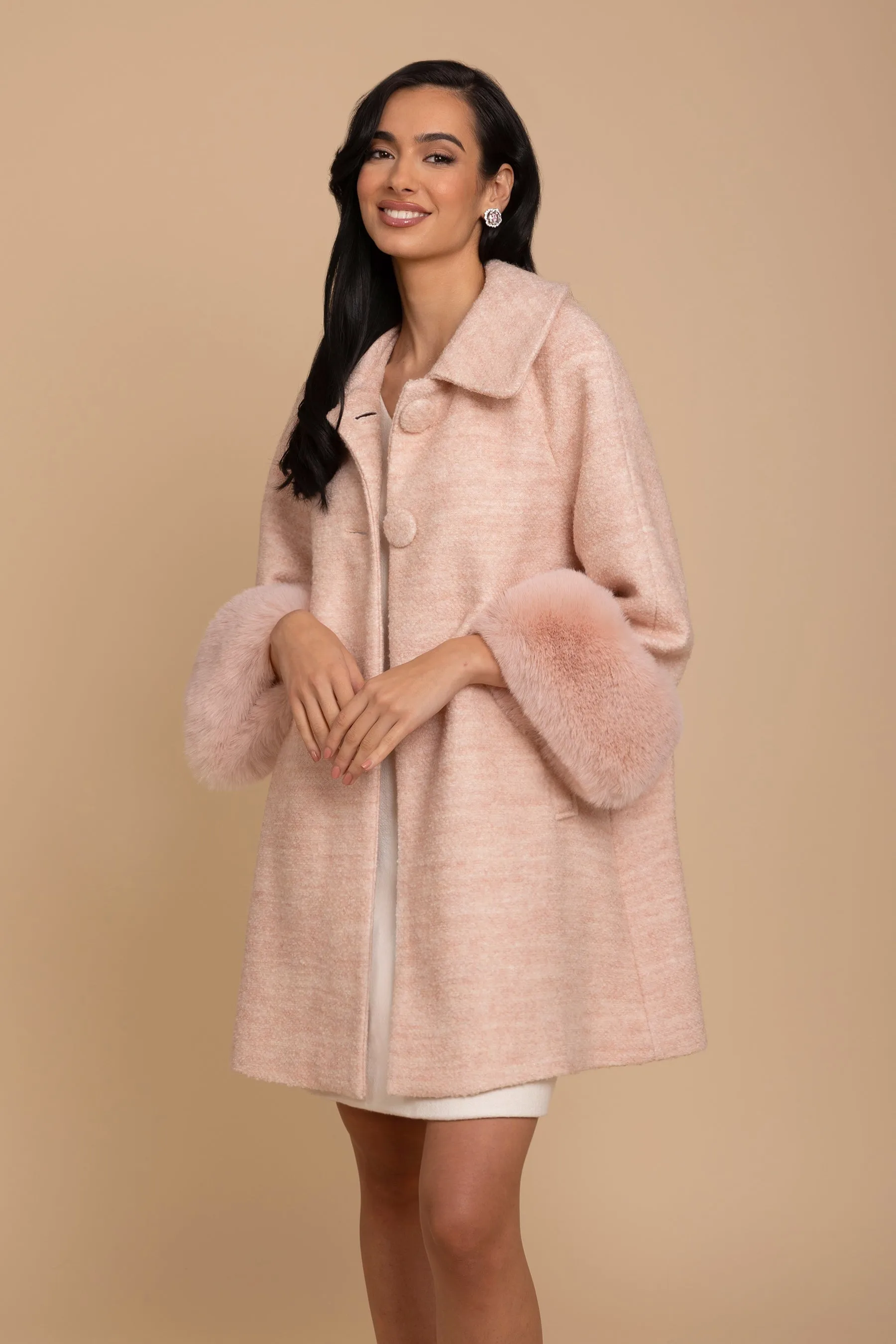 'Angelique' Wool Tweed and Faux Fur Swing Coat in Rosa