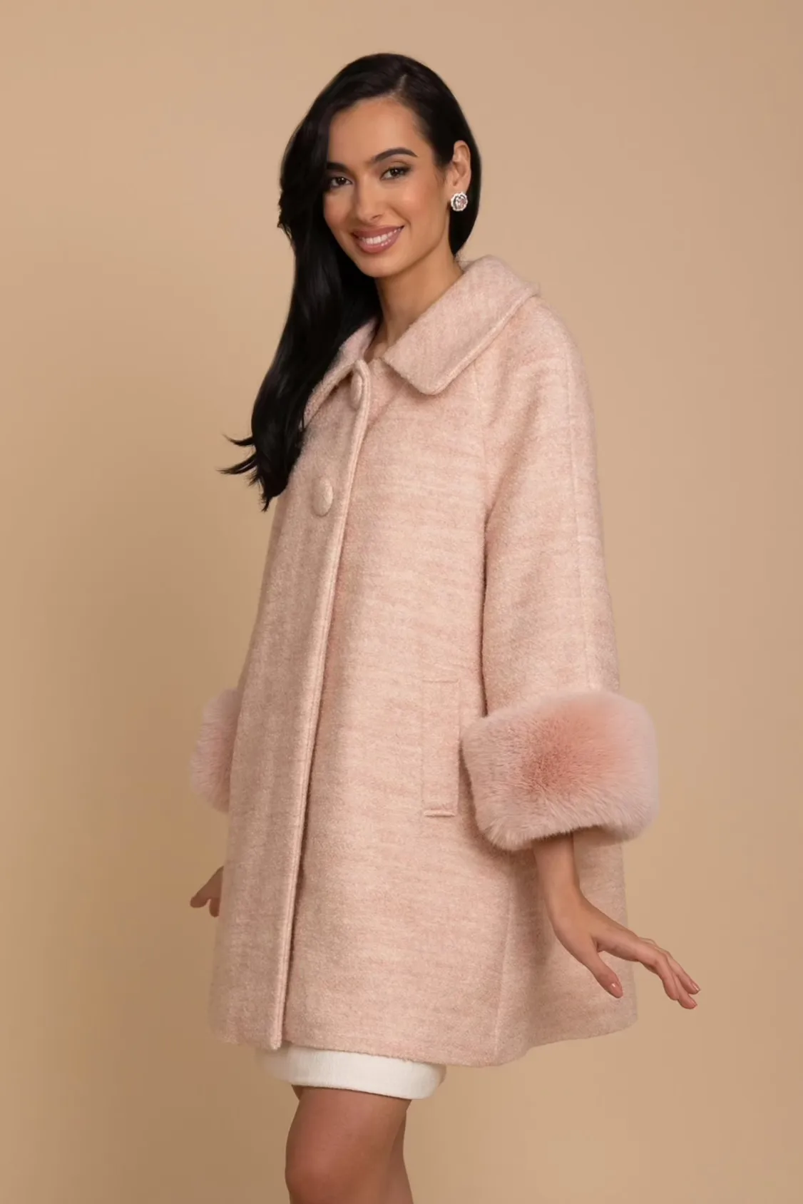 'Angelique' Wool Tweed and Faux Fur Swing Coat in Rosa