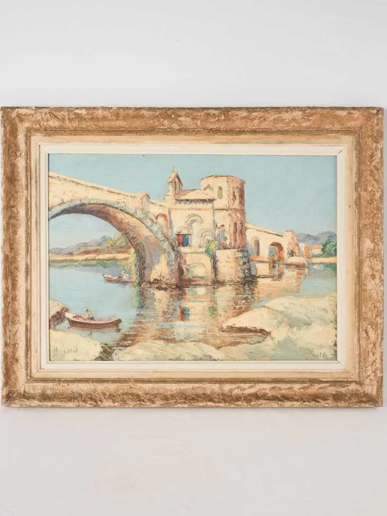 Antique French painting of the Pont d'Avignon (Saint-Bénezet) 21¾" x 28"