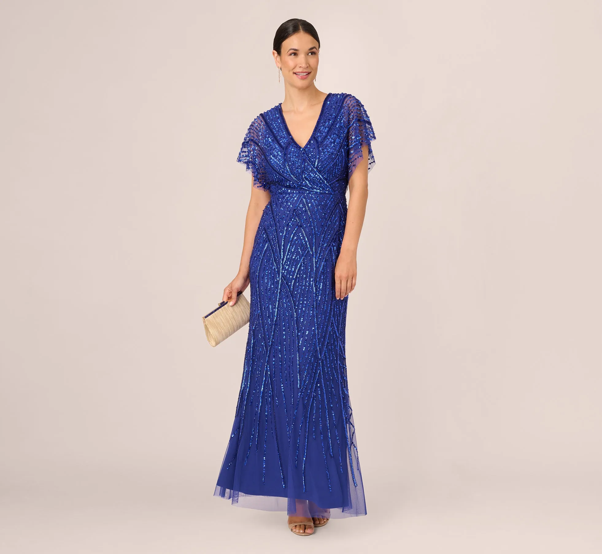 Beaded Mermaid Gown With Dolman Sleeves In Ultra Blue