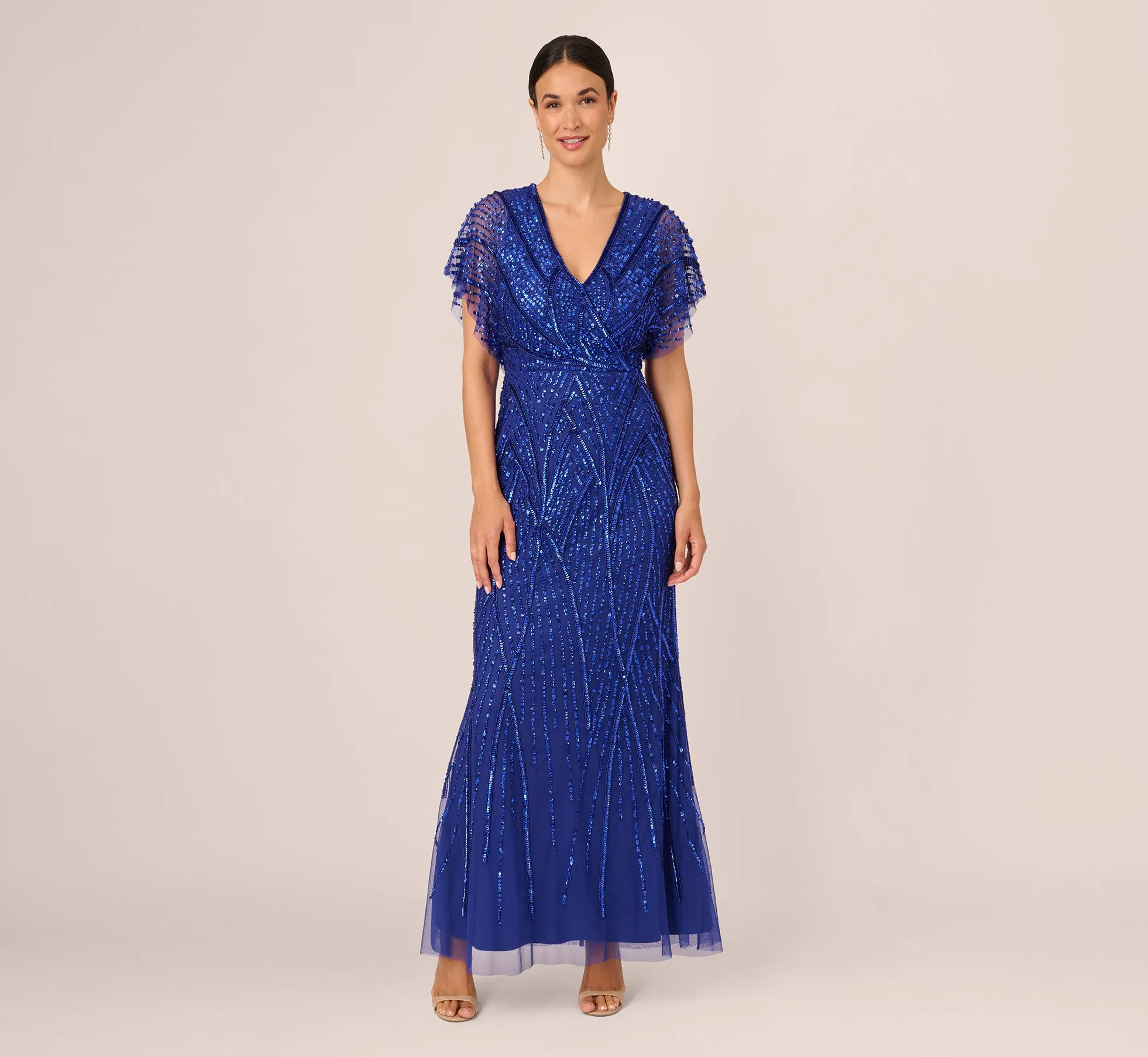 Beaded Mermaid Gown With Dolman Sleeves In Ultra Blue