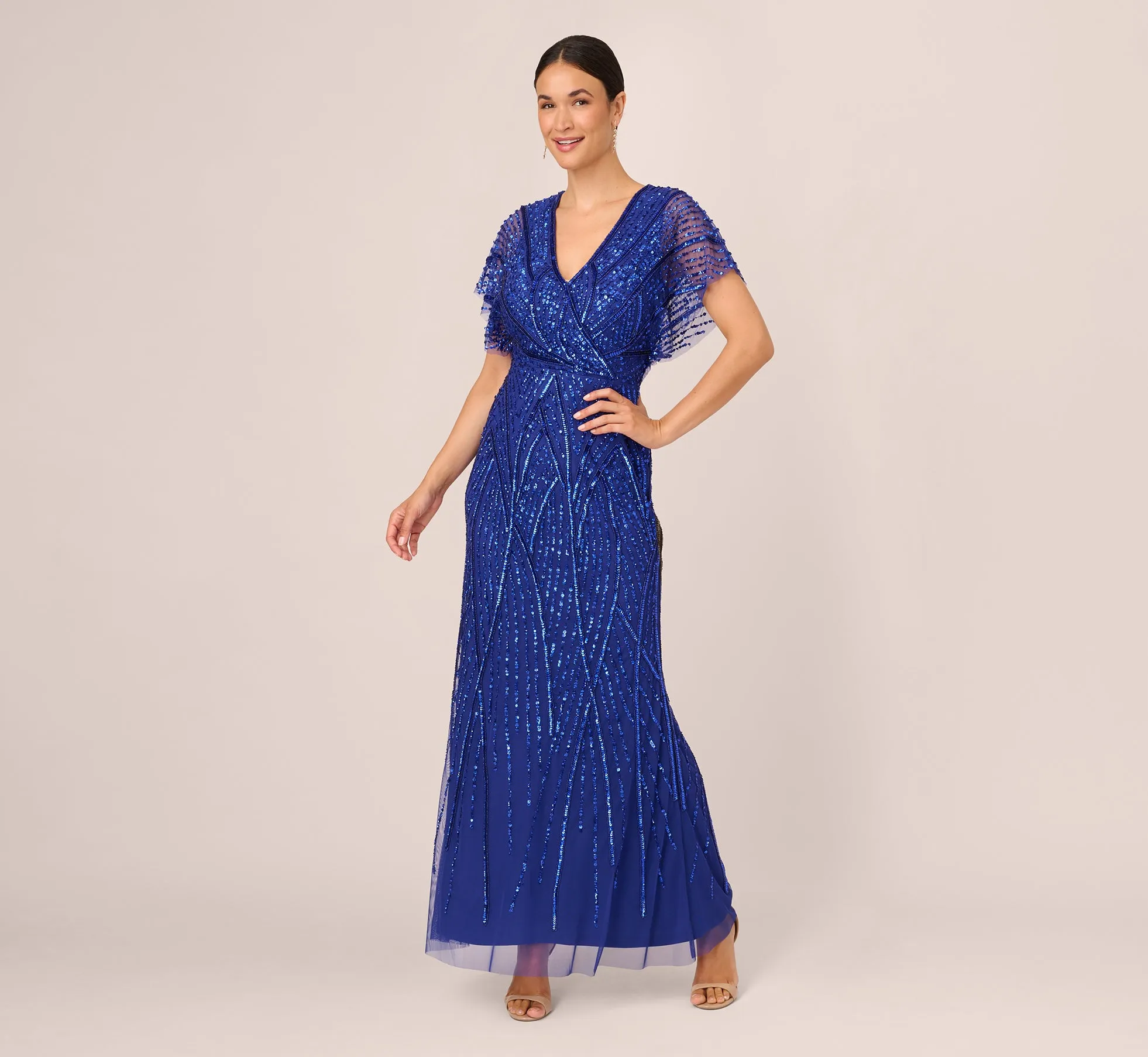 Beaded Mermaid Gown With Dolman Sleeves In Ultra Blue