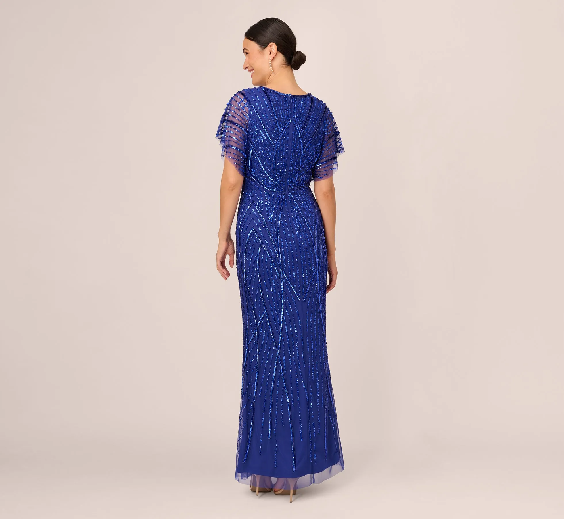 Beaded Mermaid Gown With Dolman Sleeves In Ultra Blue