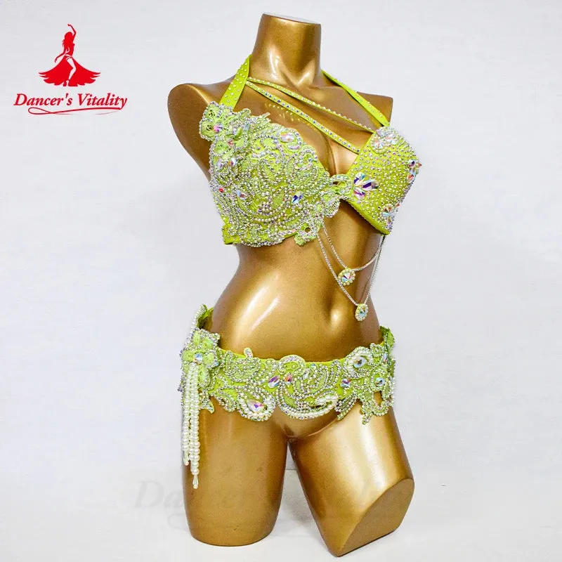 Belly Dance Performance Set for Women Senior AB Stones Bra belt Pcs Customsized Oriental Belly Dancing Competiton Suit