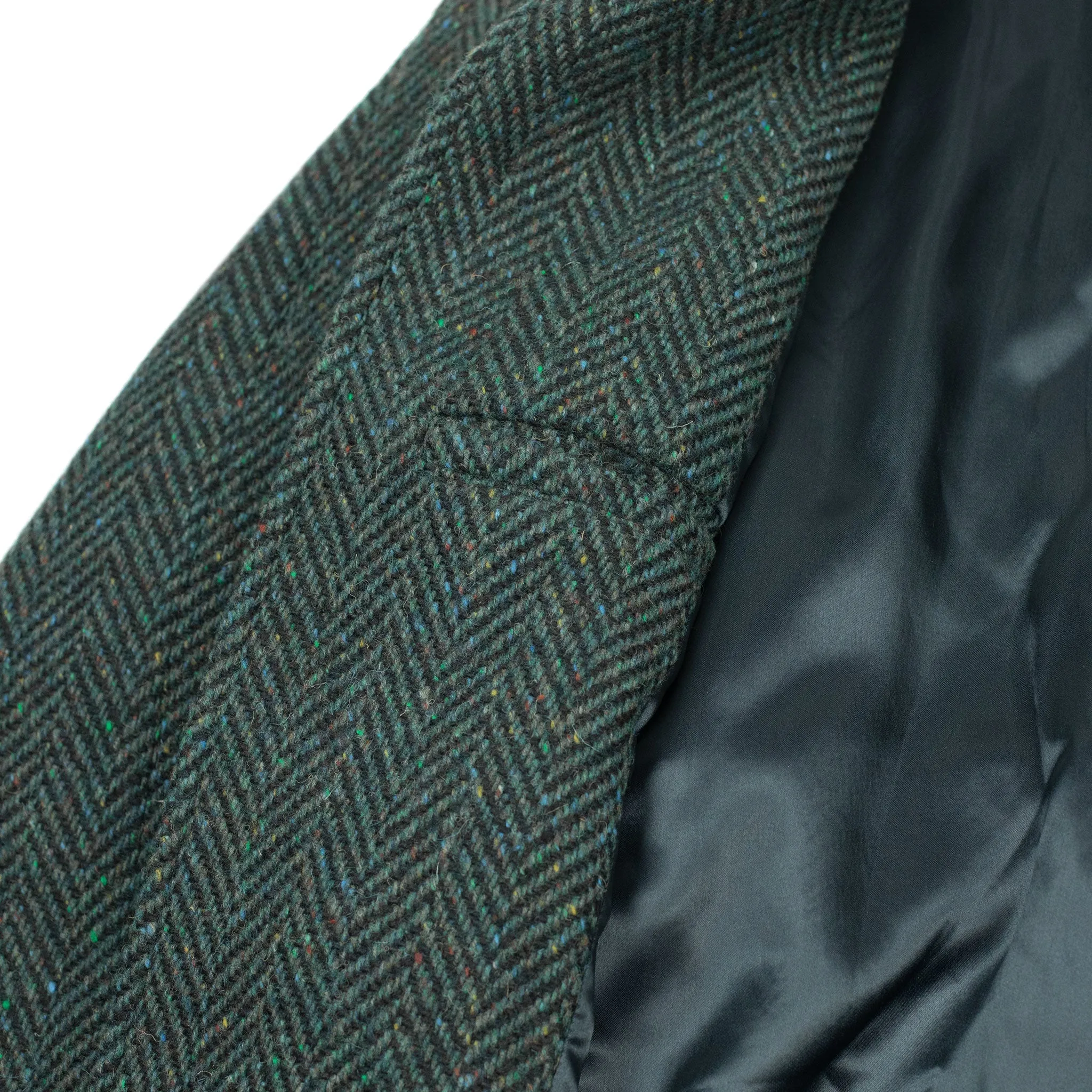 Belted balmacaan coat in handloomed Donegal blue-green herringbone tweed