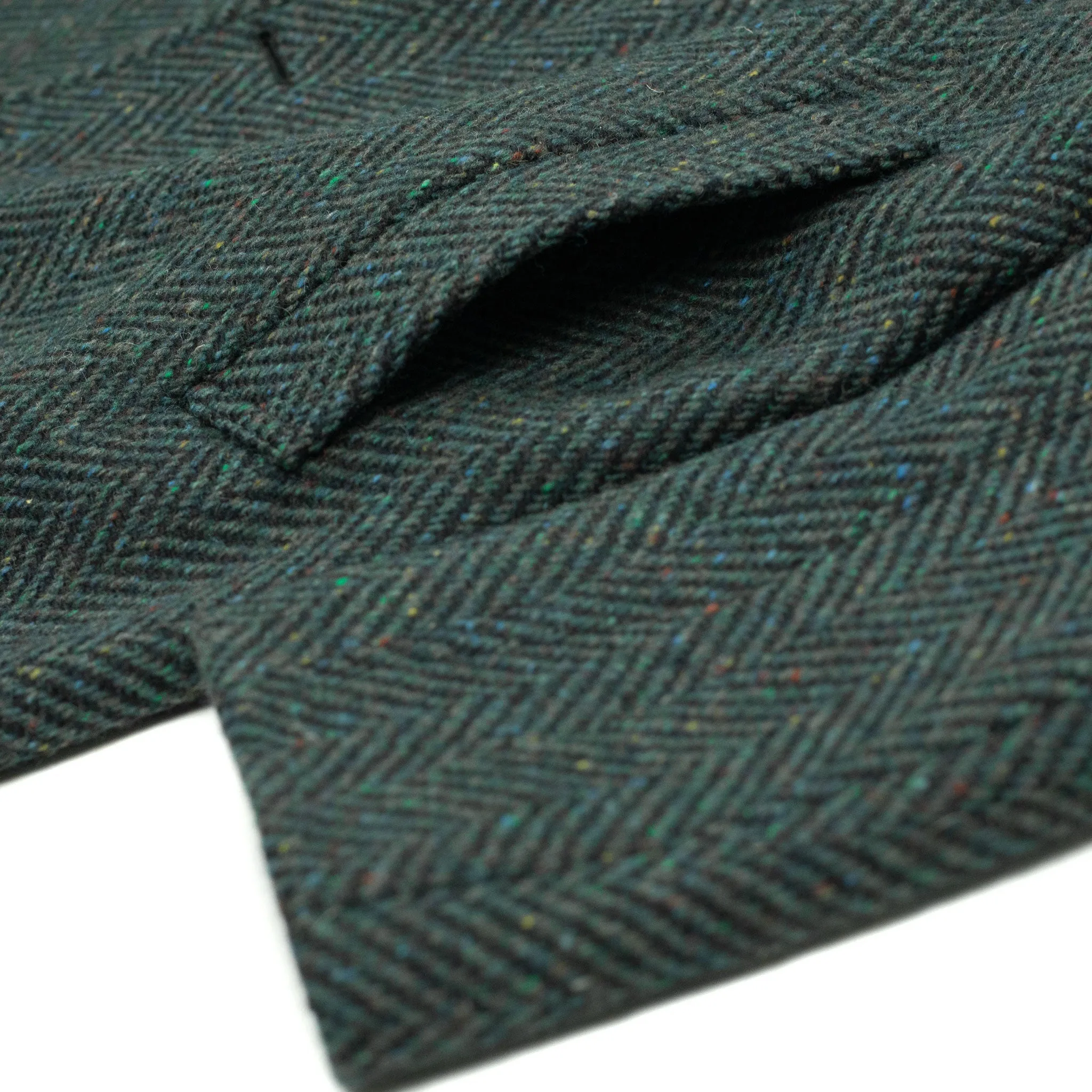 Belted balmacaan coat in handloomed Donegal blue-green herringbone tweed