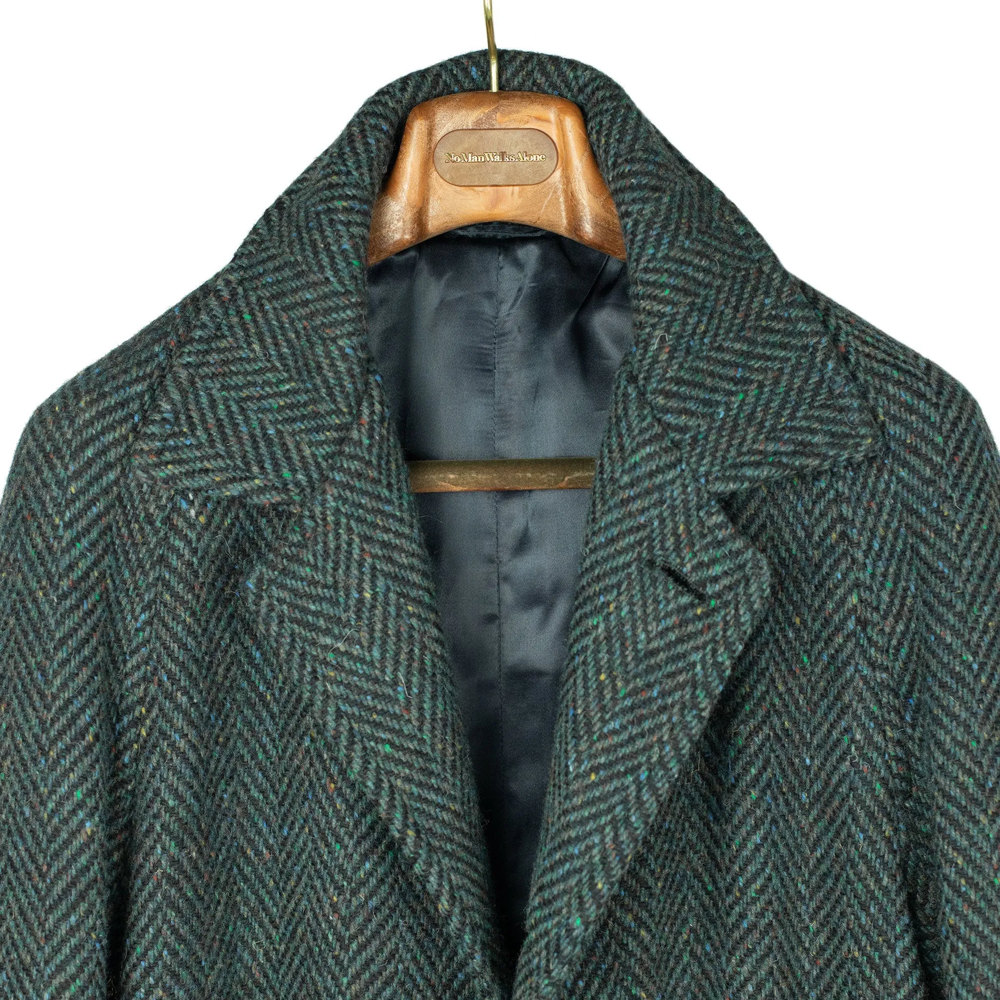 Belted balmacaan coat in handloomed Donegal blue-green herringbone tweed