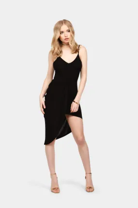 Black Asymmetric Wrap Twist Strappy Midi Dress