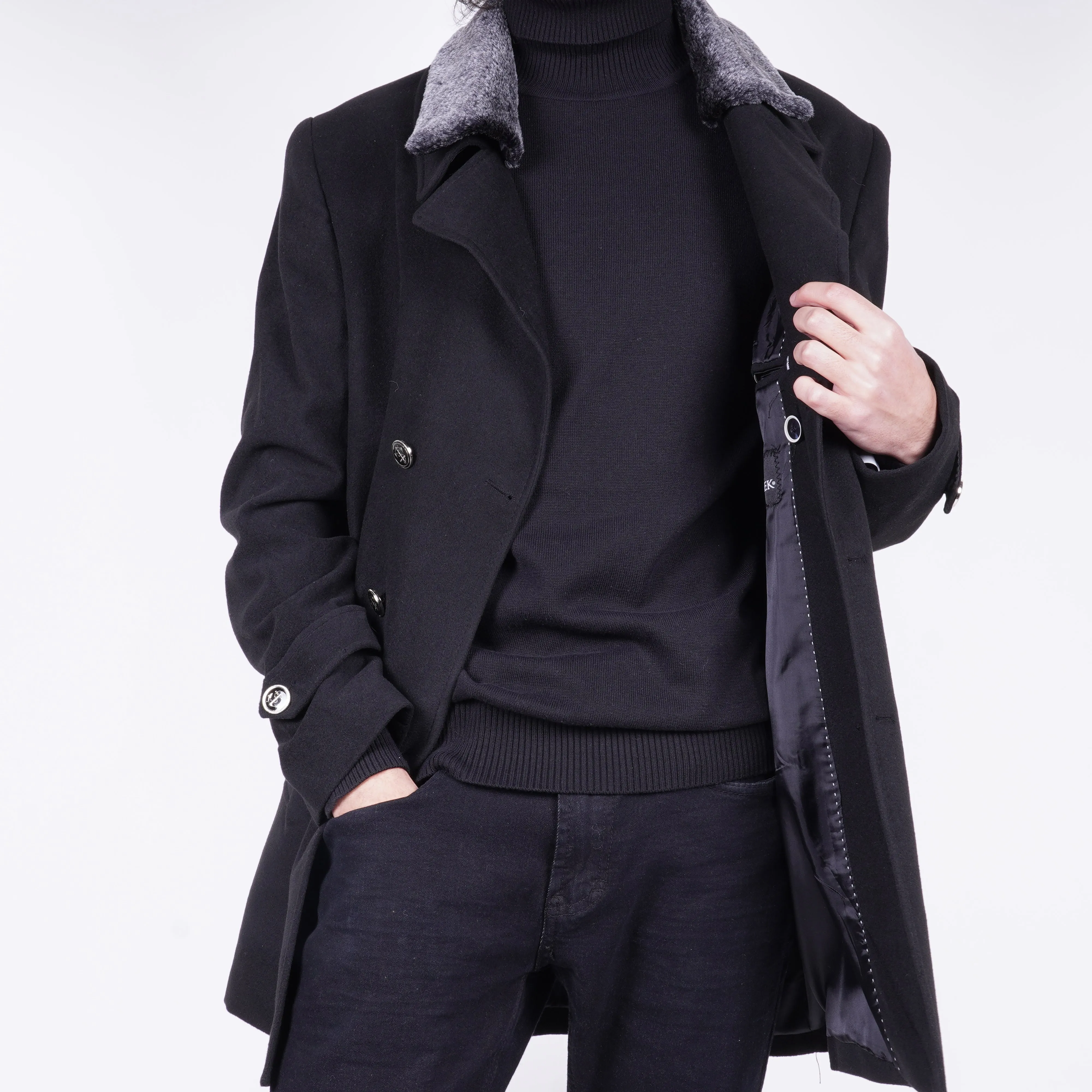 Black Avanti Milano Solid Fur Notched Lapel Coat