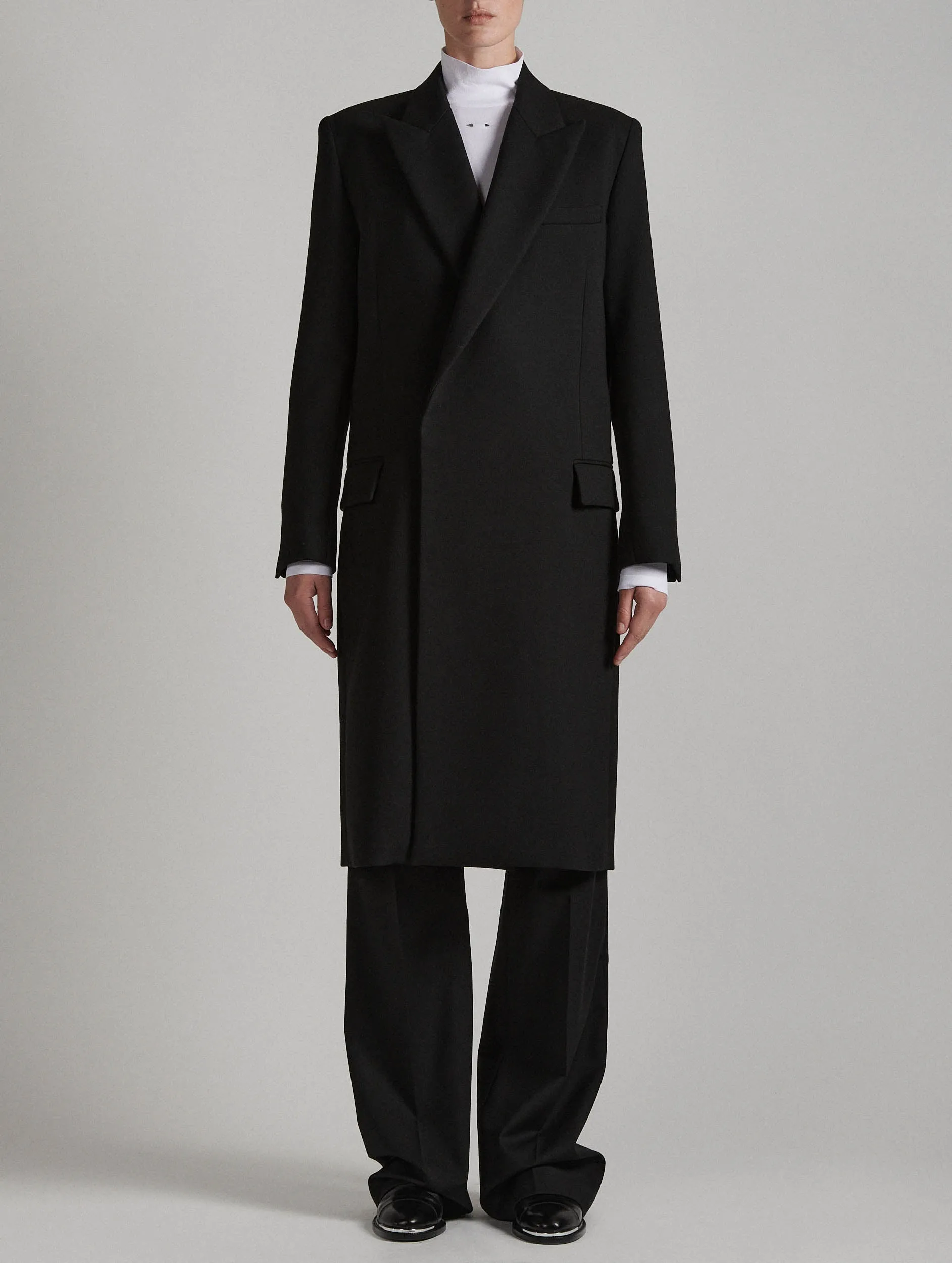 Black double gabardine overcoat