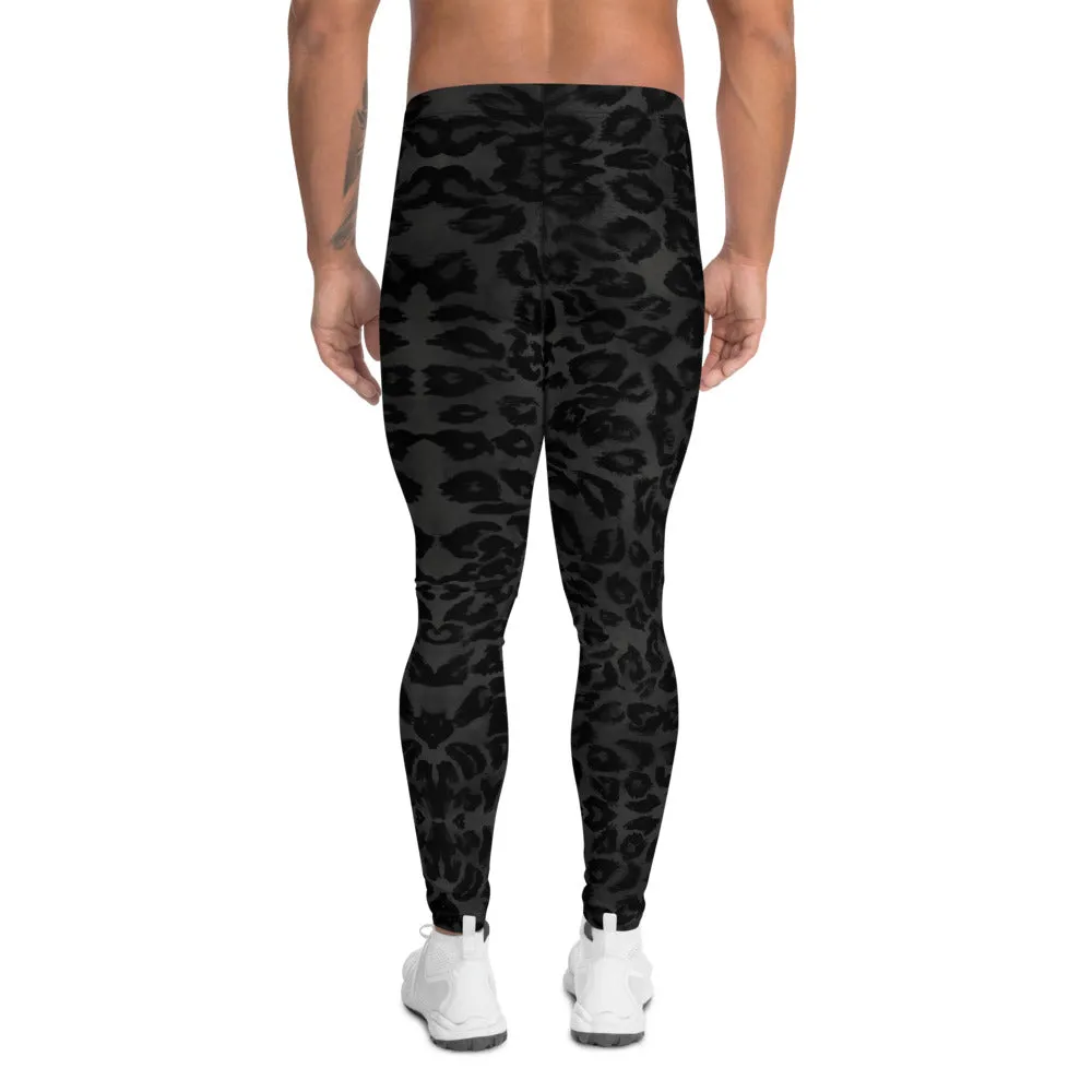 Black Leopard Print Men's Leggings, Animal Print Leopard Sexy Meggings-Made in USA/EU