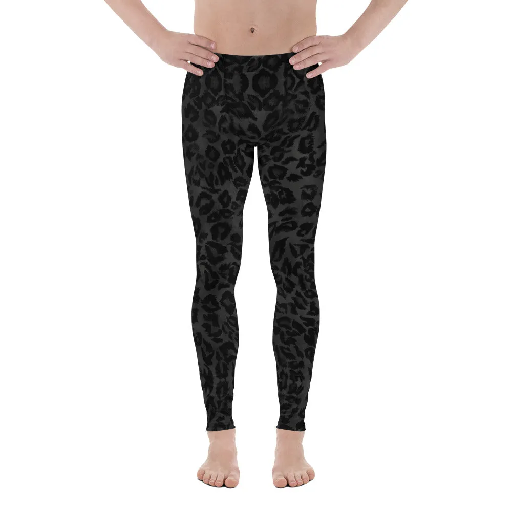 Black Leopard Print Men's Leggings, Animal Print Leopard Sexy Meggings-Made in USA/EU