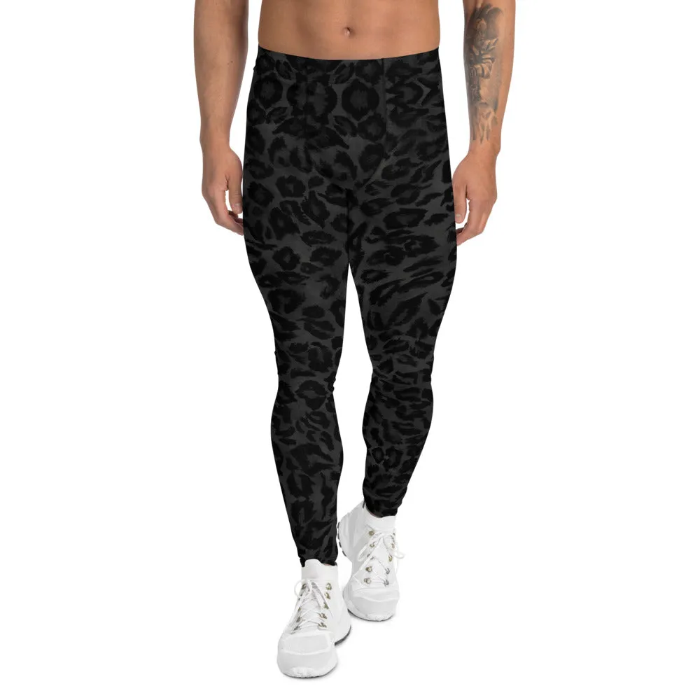 Black Leopard Print Men's Leggings, Animal Print Leopard Sexy Meggings-Made in USA/EU