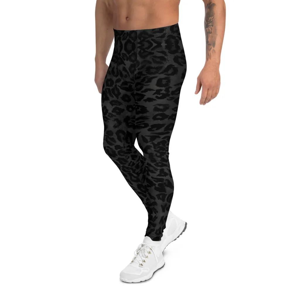 Black Leopard Print Men's Leggings, Animal Print Leopard Sexy Meggings-Made in USA/EU