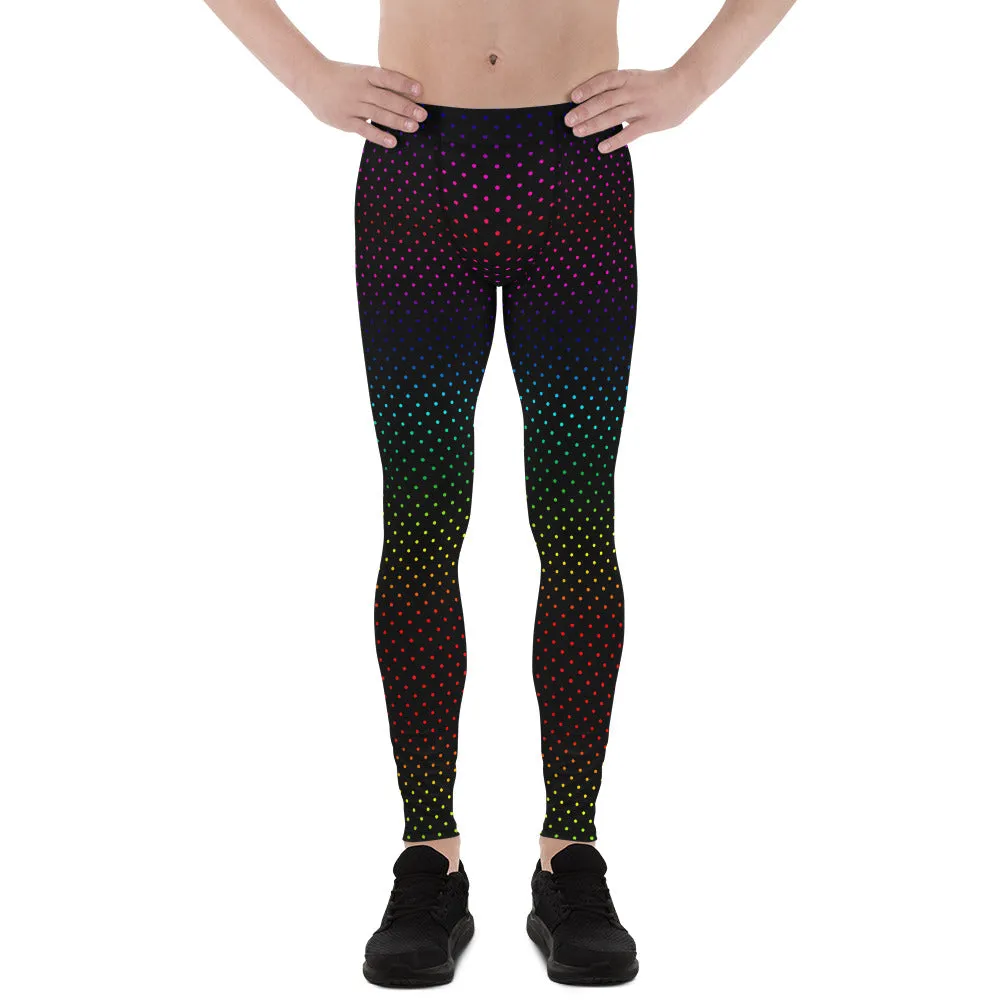 Black Polka Dots Men's Leggings, Rainbow Gay Pride Designer Meggings-Made in USA/EU