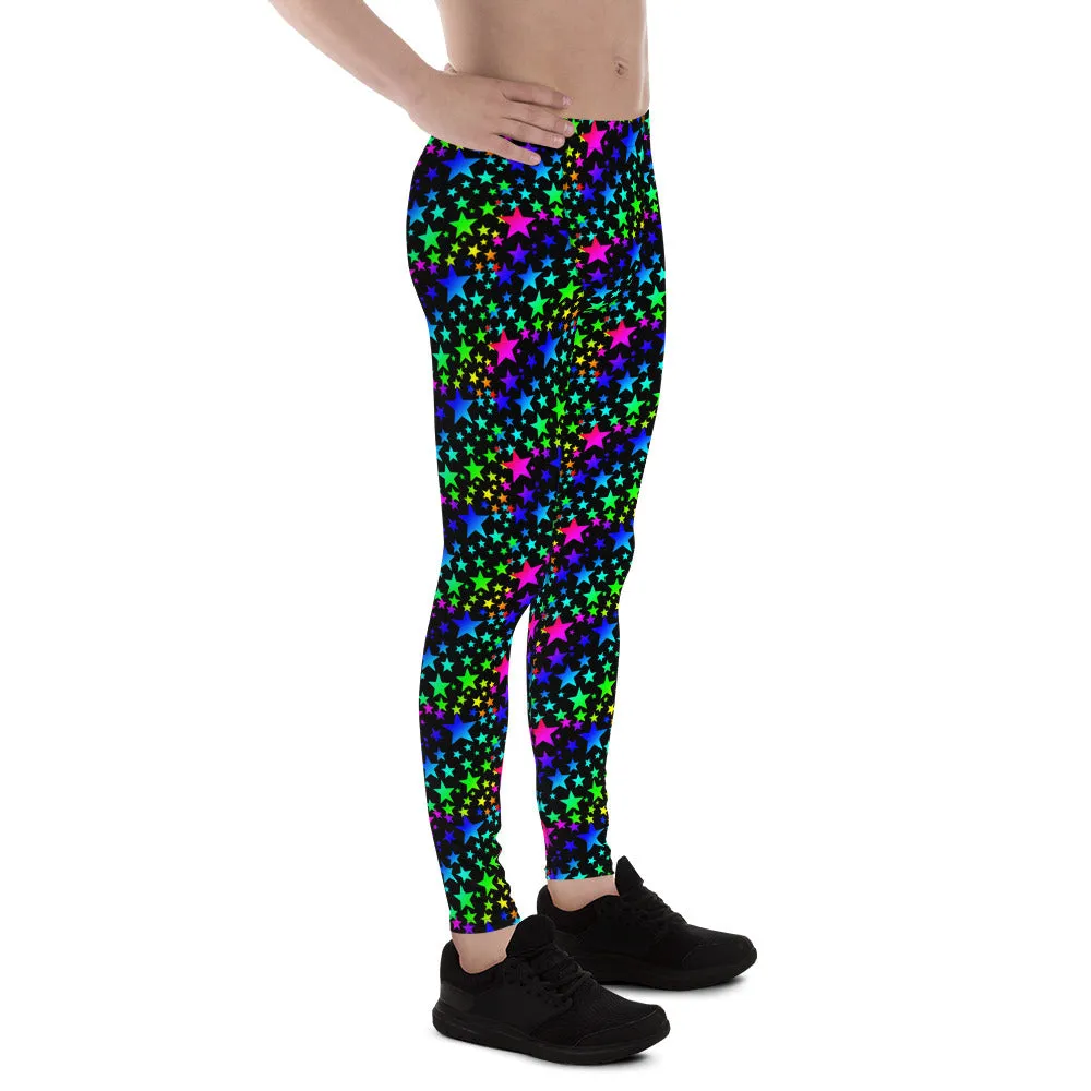 Black Rainbow Star Print Meggings, Premium Best Men's Leggings Tights- Made in USA/EU