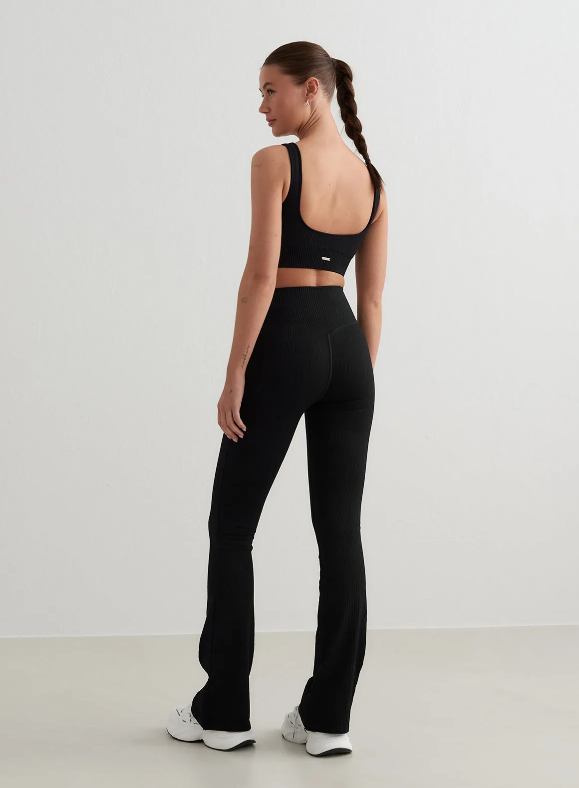 Black Ribbed Seamless Flare Tights