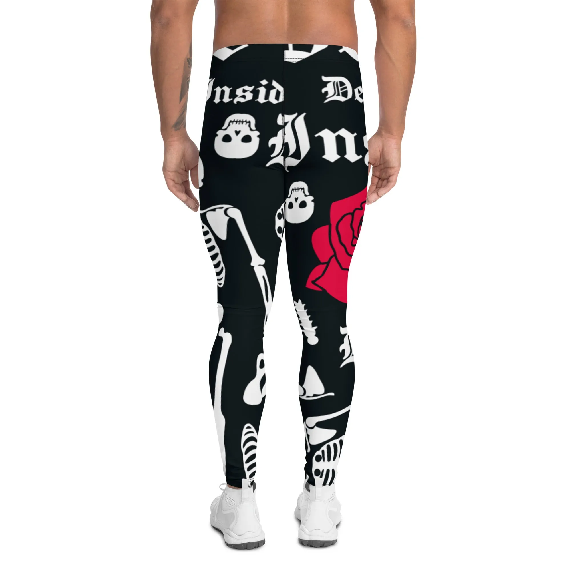 Black Skulls Romantic Men's Leggings, Rose Skull Leggings, Skull Leggings Men - Made in USA/EU/MX