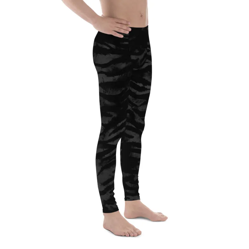 Black Tiger Striped Men's Leggings, Animal Print Meggings Run Tights-Made in USA/EU