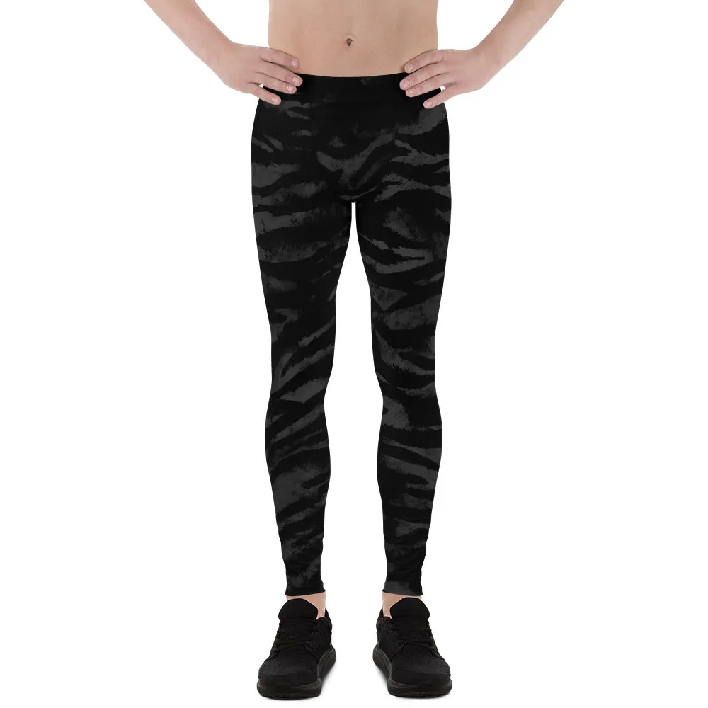 Black Tiger Striped Men's Leggings, Animal Print Meggings Run Tights-Made in USA/EU