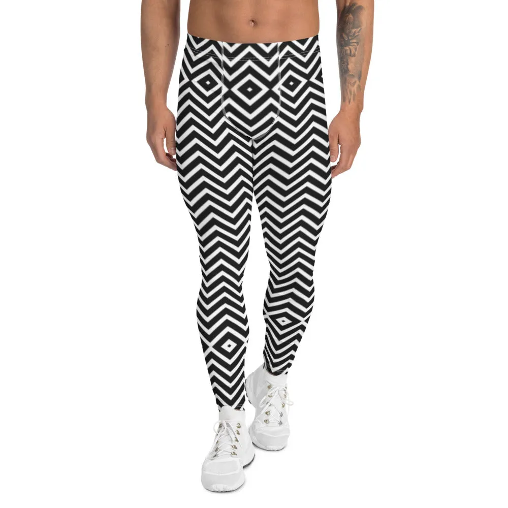 Black White Chevron Men's Leggings, Retro Style Meggings Compression Tights For Men - Made in USA/EU/MX