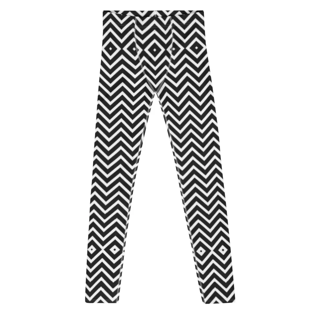 Black White Chevron Men's Leggings, Retro Style Meggings Compression Tights For Men - Made in USA/EU/MX