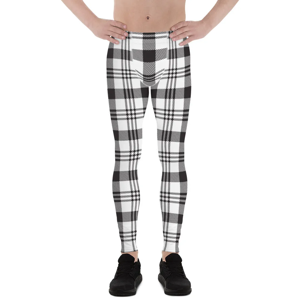 Black White Plaid Print Meggings, Plaid Print Classic Designer Men's Leggings - Made in USA/EU/MX