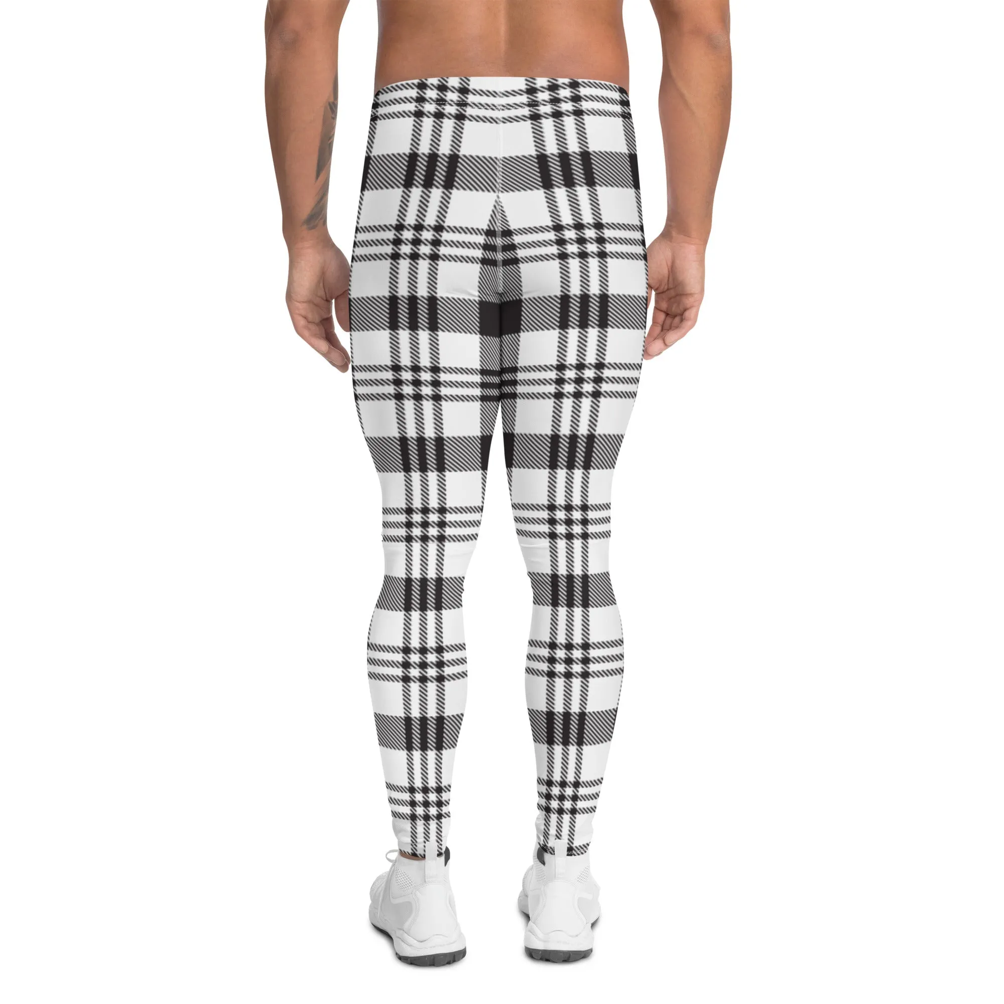 Black White Plaid Print Meggings, Plaid Print Classic Designer Men's Leggings - Made in USA/EU/MX