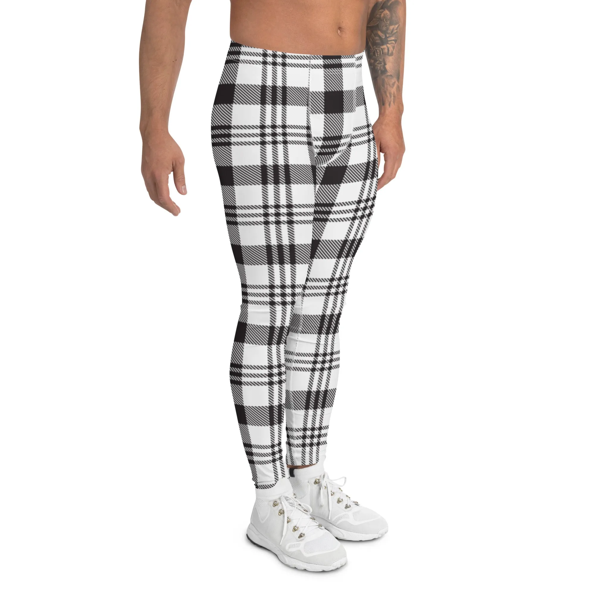 Black White Plaid Print Meggings, Plaid Print Classic Designer Men's Leggings - Made in USA/EU/MX