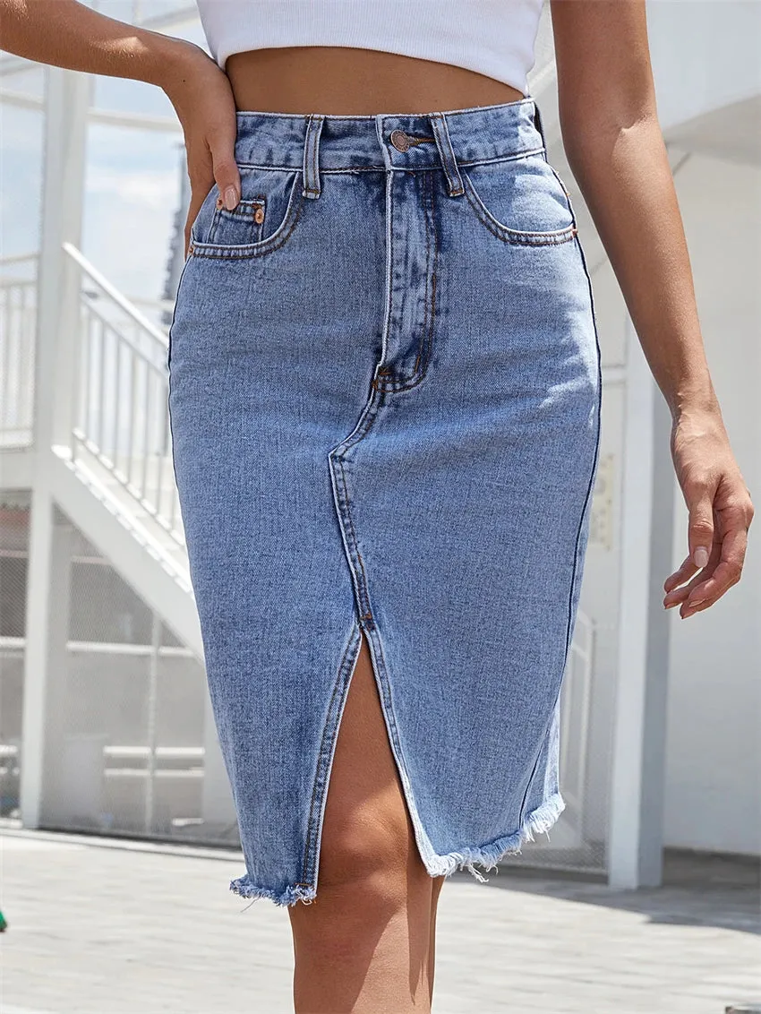 Casual Streetwear Blue Denim Pocketed Slim Midi Skirt Bottom