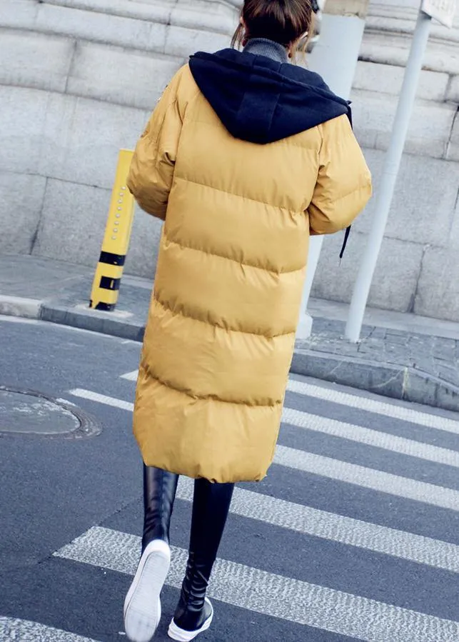 Casual trendy plus size down jacket overcoat yellow hooded drawstring down jacket woman