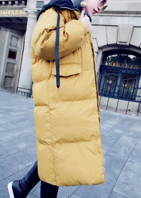 Casual trendy plus size down jacket overcoat yellow hooded drawstring down jacket woman